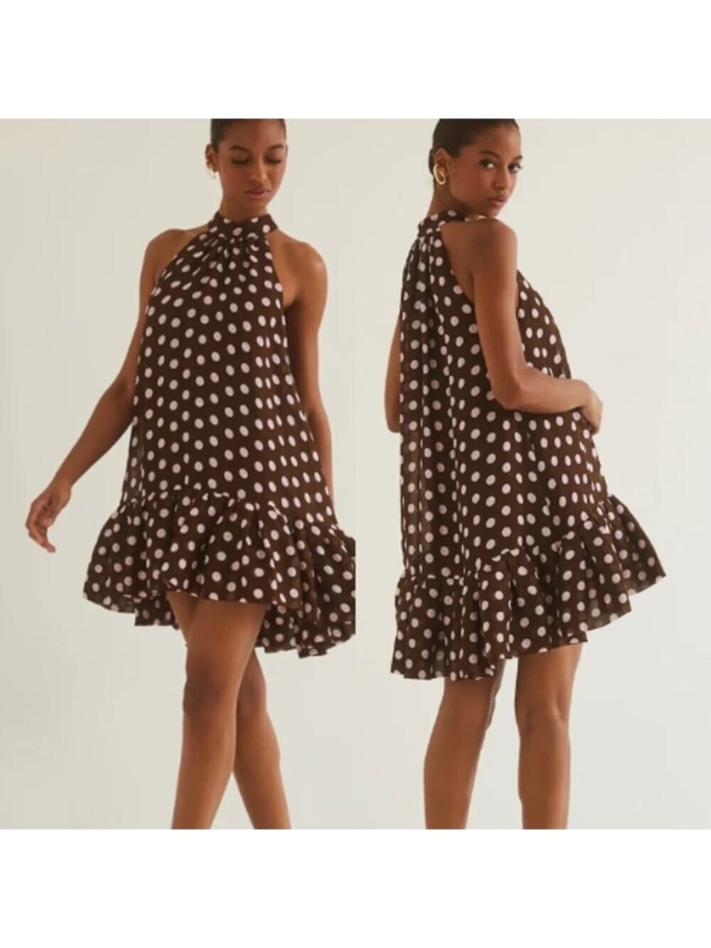NEW Cara Cara Arca Polka Dot Mock Neck Halter Mini Dress Brown Size: XS